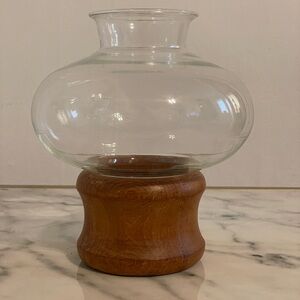 Vintage MCM Goodwood Solid Teak And Glass Hurricane Candle Taper Holder 8”x7”